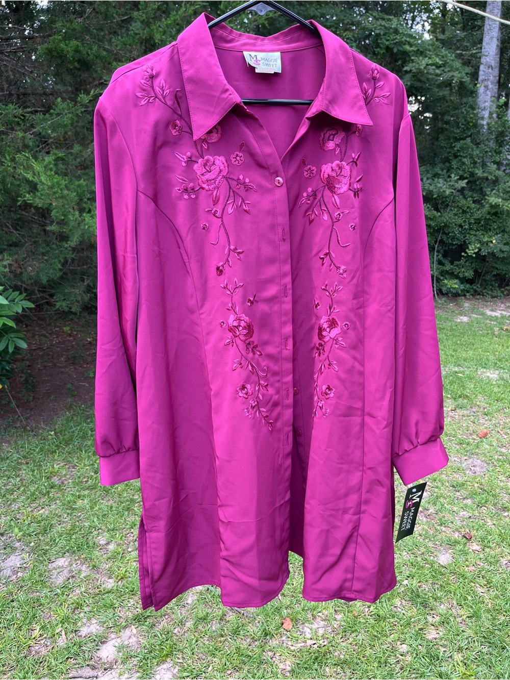 Maggie Sweet Fuchsia Floral Embroidered Button-Down Tunic